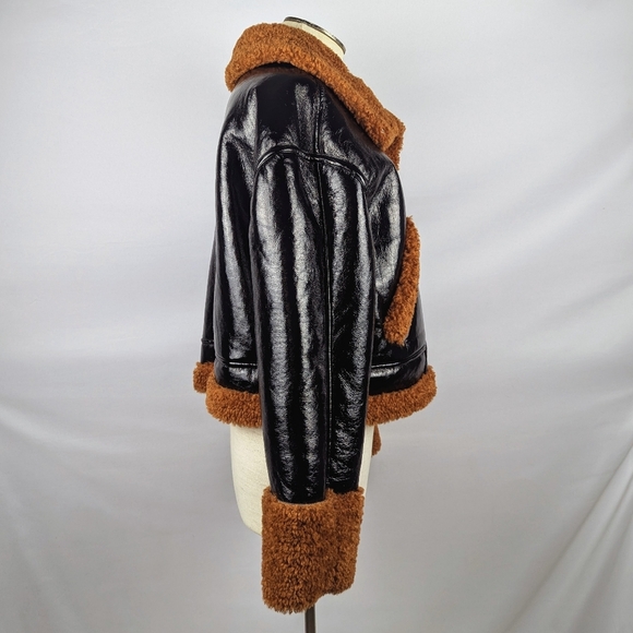 BLANK NYC Moto Jacket Vegan Patent Leather Faux Shearling Black Copper M NWT - Picture 8 of 14